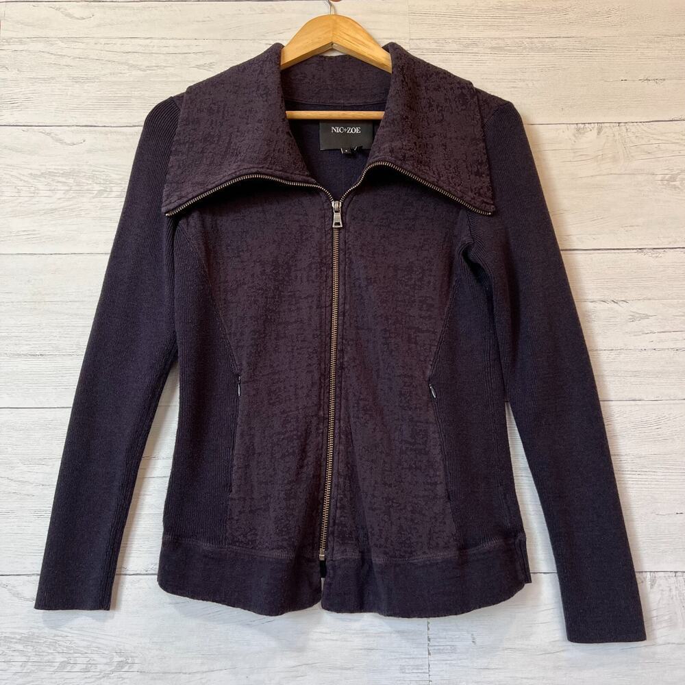 Nic + Zoe Jacket Womens Size Small Plum Knit Moto Cardigan Zipper Mixed Media